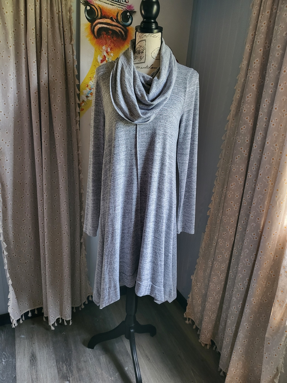 Cupio Gray Cowl Neck Soft Knit Swing Dress Long Sleeve Cozy Minimalist